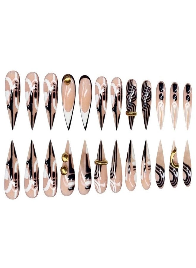 Maigitur Handmade Press on Nails Long Stiletto Fake Nails with 3D Gold Rhinestone Lines Design Black White Striepd Stick on Nails Curve False Nails Glossy Fall Nail for Women Girls Manicure 24Pcs - Image 4